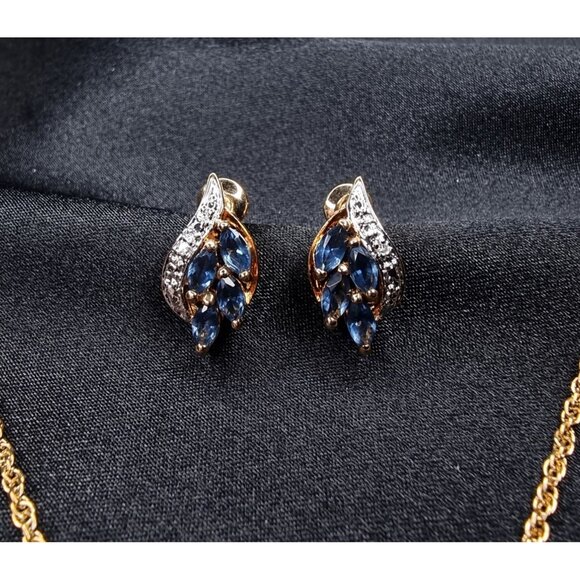 Vintage 1990s Gold Plated Jewelry Set With Blue Gemstone Pendant Necklace - Picture 6 of 9